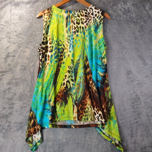 Zac & Rachel Womens Sleeveless TankTop L Green Blue Animal Print Beaded Hem Boho - Picture 7 of 11